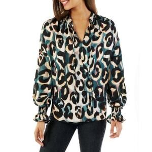 Finley Morrisey Top Teal Abstract Jungle Animal Print Blouse Shirt XS